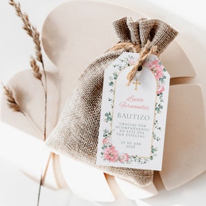 Mi bautizo floral rosa etiquetas gracias tag en español, boho baptism favor tag template in spanish, gold arch girl religious favor tag-C003