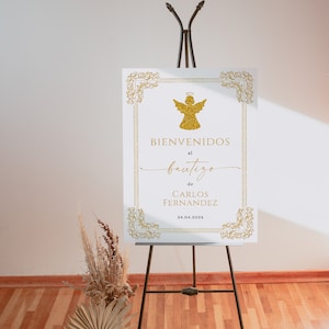 Gold angel christening boy/girl vintage welcome sign spanish printable, cartel religioso dorado de bienvenida bautizo niño niña español - C5