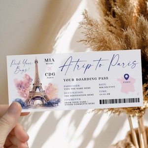 Paris boarding pass ticket template, trip ticket to France, fake airline surprise ticket with Eiffel Tower, birthday party boarding pass