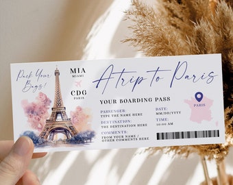 Paris boarding pass ticket template, trip ticket to France, fake airline surprise ticket with Eiffel Tower, birthday party boarding pass