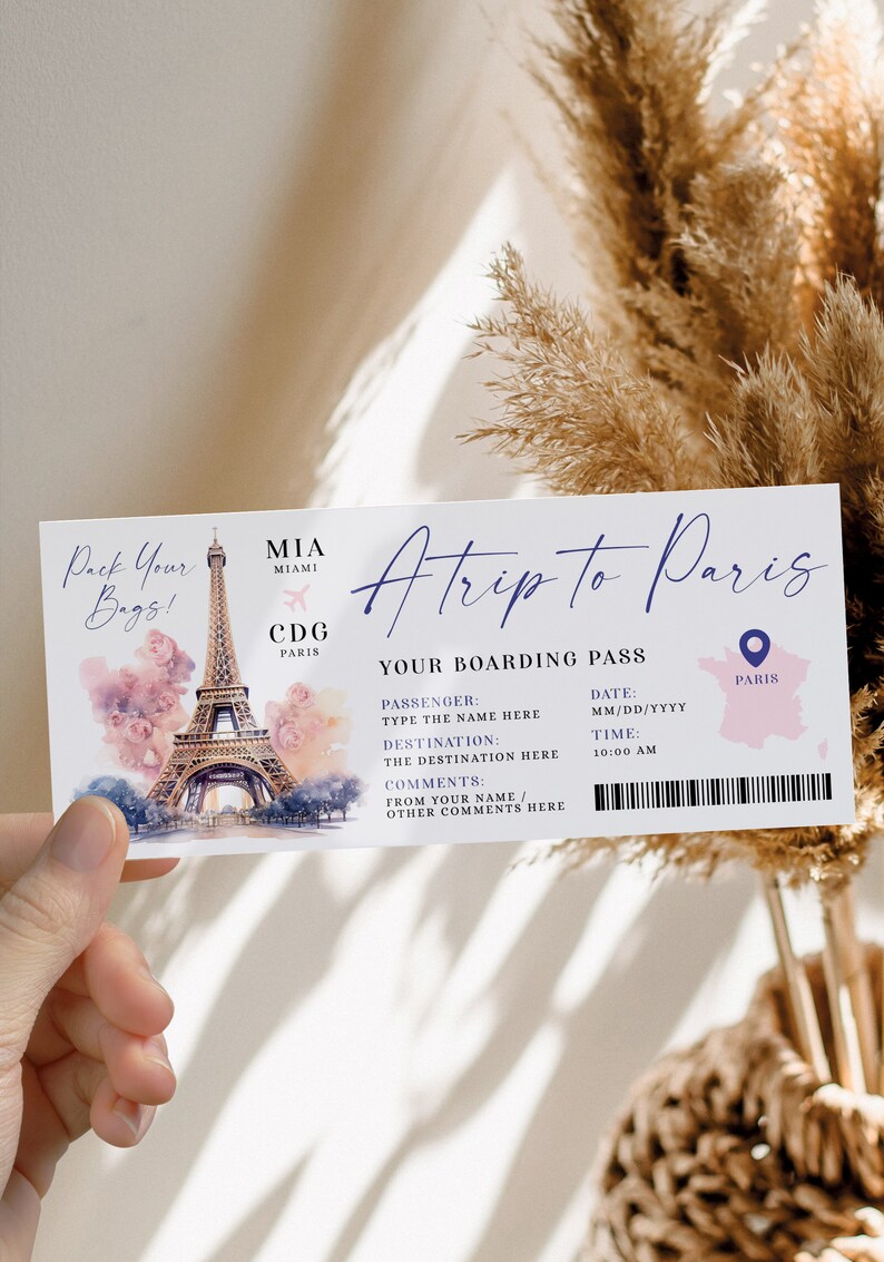 Paris boarding pass ticket template, trip ticket to France, fake airline surprise ticket with Eiffel Tower, birthday party boarding pass image 1