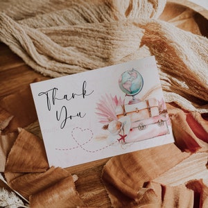 Blush travel Miss to Mrs bridal shower thank you card template, boho floral flat note card, girl's hat suitcases globe thank you card - C265