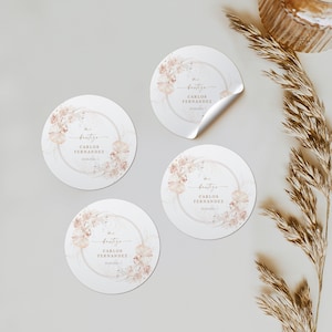 Beige floral baptism thank you sticker in spanish, bautizo etiquetas editables en español, bohemian religious personalized stickers - C020