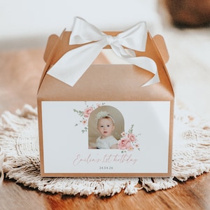 1st Birthday girl gable box label with photo template, minimalist decor first bday party favors, boho pink flowers bday gift box label -C371
