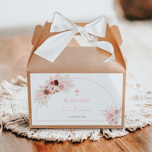 Boho pink flowers baptism girl gable box label in spanish template, etiqueta caja de regalo bautizo niña con hierba de pampa en español -C32