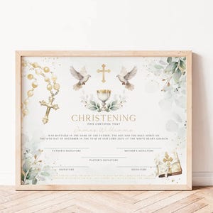 Editable gold green gift Christening Certificate for a boy, bohemian greenery church certificate, religious certificate with pigeons - C310
