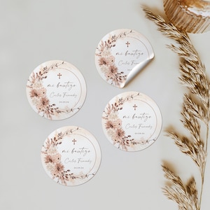 Beige boho gender neutral baptism sticker in spanish printable, boho pegatinas bautizo español, beige religioso bautizo label spanish -C025