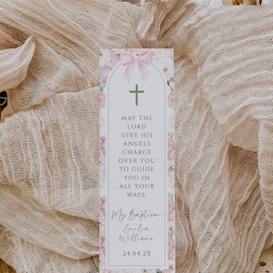 Editable boho pink peonies and bow for baptism girl bookmark, custom 2x6 prayer bookmark, baptism favor, christening  bookmark card - C441g