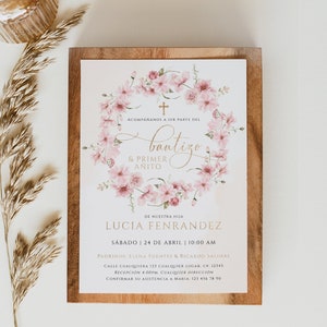 Bautizo y primer añito niña invitación español, baptism & 1st birthday girl spanish invitation template, wreath pink flowers invite - C282