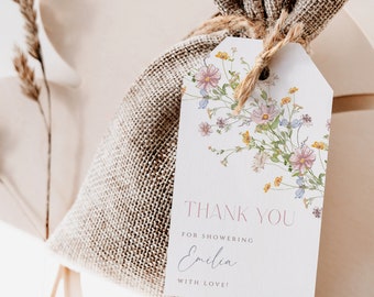 Bridal shower favor tag template, spring floral thank you tag, colorful wildflower bridal shower gift tag, summer wedding thank you -C294