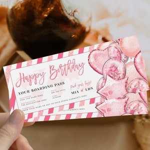 Women's pink balloons birthday gift certificate template, bday gift plane boarding pass, modern surprise bday trip ticket, birthday voucher