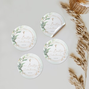 Personalised gender neutral christening  baptism stickers decoration in spanish, verde dorado bautizo pegatina en español printable - C009