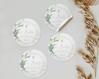 Personalised gender neutral christening  baptism stickers decoration in spanish, verde dorado bautizo pegatina en español printable - C009