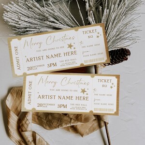 Merry Christmas concert ticket christmas gift certificate template, surprise show ticket, christmas gift ticket gold event concert voucher