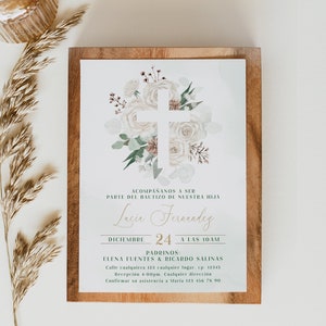Baptism air floral greenery gender neutral invitation template in spanish, boho floral blancas invitacióne bautizo niño niña en español - C7