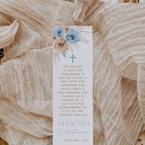 Boho blue beige floral baptism favors bookmark for boy spanish template, minimalista flores azules bautizo niño marcapáginas para libro -C15