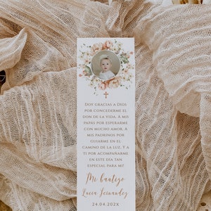 Peach flowers bookmark christening with photo girl in spanish bohemian template, tarjeta de oración  bautizo niña con foto en español - C157