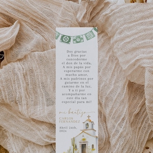 Mexican boho baptism boy bookmark card in spanish printable, bookmark with cactus & flowers, marcapáginas de bautizo niño en español -C341sg
