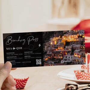 Surprise gift ticket to Amalfi Coast template, vacation airplane gift vouchers for her/him, boarding pass to Italy, birthday travel ticket