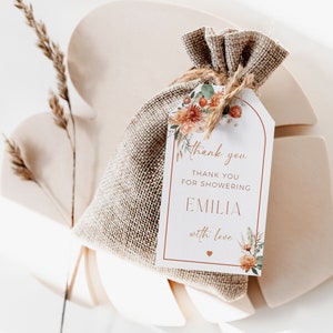 Autumn floral bridal shower favor tag printable, boho burnt orange floral gift tag, terracotta arch flovers thank you tag, gift tags - C146
