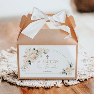White flowers baptism gable box sticker editable in spanish, mi bautizo gift box labels español, bautizo favor gift label in spanish - C004