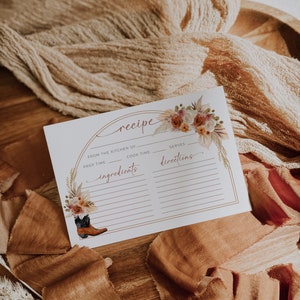 Western recipe bridal shower card, cowgirl boots bridal shower template recipe card, autumn floral bridal recipe card, cookbook card - C134