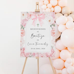 Arch boho soft pink peonies & bow baptism girl welcome sign printable, cartel de bienvenida española bautizo niña con peonías y lazo - C441g