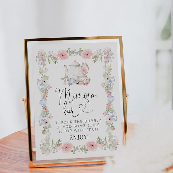 Summer Tea Party Bridal Shower Mimosa Bar Sign Template: Pink Blue Wildflowers Rustic Decor (Digital Download)-C45B