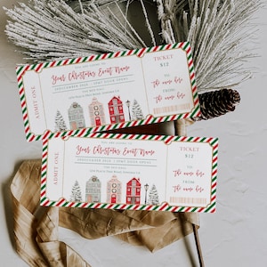 Christmas event ticket template, modern gift ticket, christmas voucher surprise, christmas concert ticket, holiday invitation ticket fake