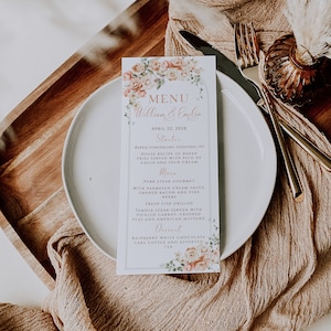 Dusty pink flowers wedding menu with green border, arch boho with roses wedding menu, wedding dinner menu cards, fully editable menus - C156