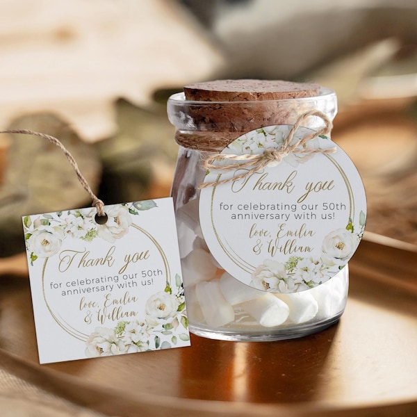 50th wedding anniversary thank you tag template, round square boho white flowers and greenery golden wedding party gift tags - C187