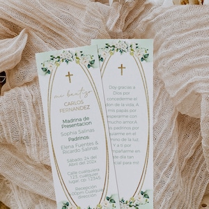 Editable greenery christening prayer card spanish, bautizo tarjeta rectangular una oración en español, bohemian flowers prayer card -C014