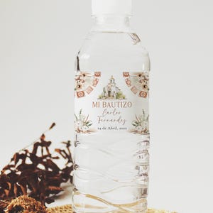 Boho beige floral mexican themed baptism boy water bottle label spanish printable, floral etiqueta botella de agua de bautizo español - C464