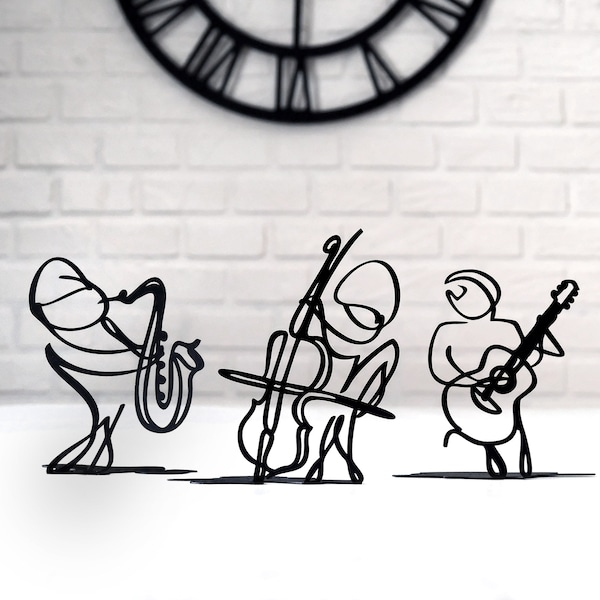 Jazz Trio Group Tabletop Decor, One Line Art Metal Decor, Guitar | Saxophone | Cello Set Of 3, Minimal Music Shelf Deco, Tabletop Decor Gift