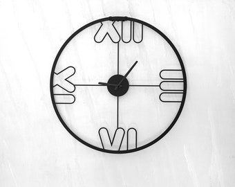 Silent, Unique Roman Numeral Metal Wall Clock, Minimalist, Slim, Large, Medium Or Small Wall Hanging Metal Clock for Home / Office Decor