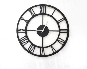 Roman Numeral 27.5 Inch Black Metal Silent Wall Clock, Large, Big Ban Style Mid Century Modern Classic Wall Clock, Unique Giant Wall Clock