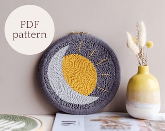 PDF Punch needle pattern for beginners - celestial sun and moon hoop wall hanging