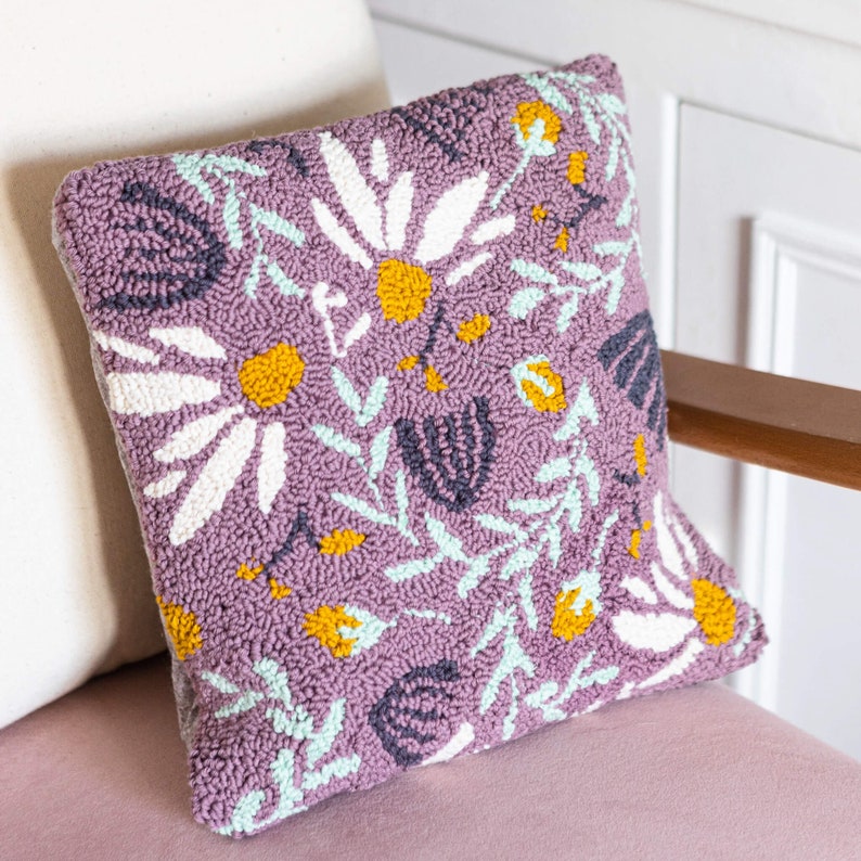Floral cotton punch needle cushion / pillow kit Teacher gift, sustainable craft, vegan craft NO needle