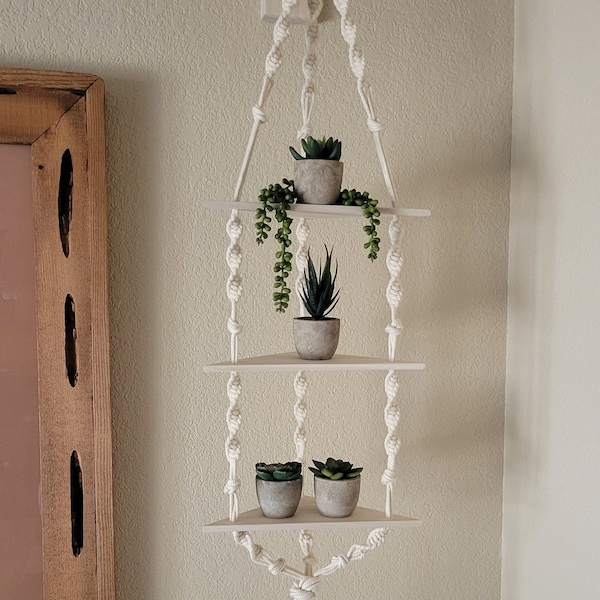 Hanging Macrame Corner Shelf, Petite  Macrame Wood Shelf, 3 Tier Macramé Shelf, 3 Tier Hanging Macrame Shelf, Macrame Shelf, Hanging Shelf