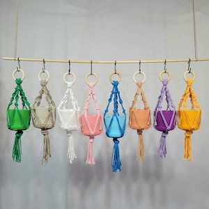 May include: Eight hanging macrame plant hangers with different colored pots. The pots are green, beige, white, pink, blue, orange, purple, and yellow.