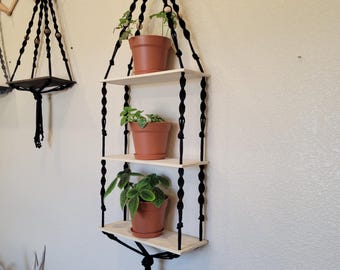 Estante colgante de macramé de 3 niveles, cordón de algodón negro, decoración boho