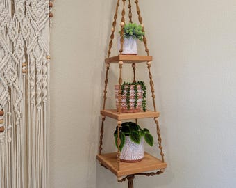 Estante colgante de macramé de 3 niveles, colgador cuadrado de madera para plantas