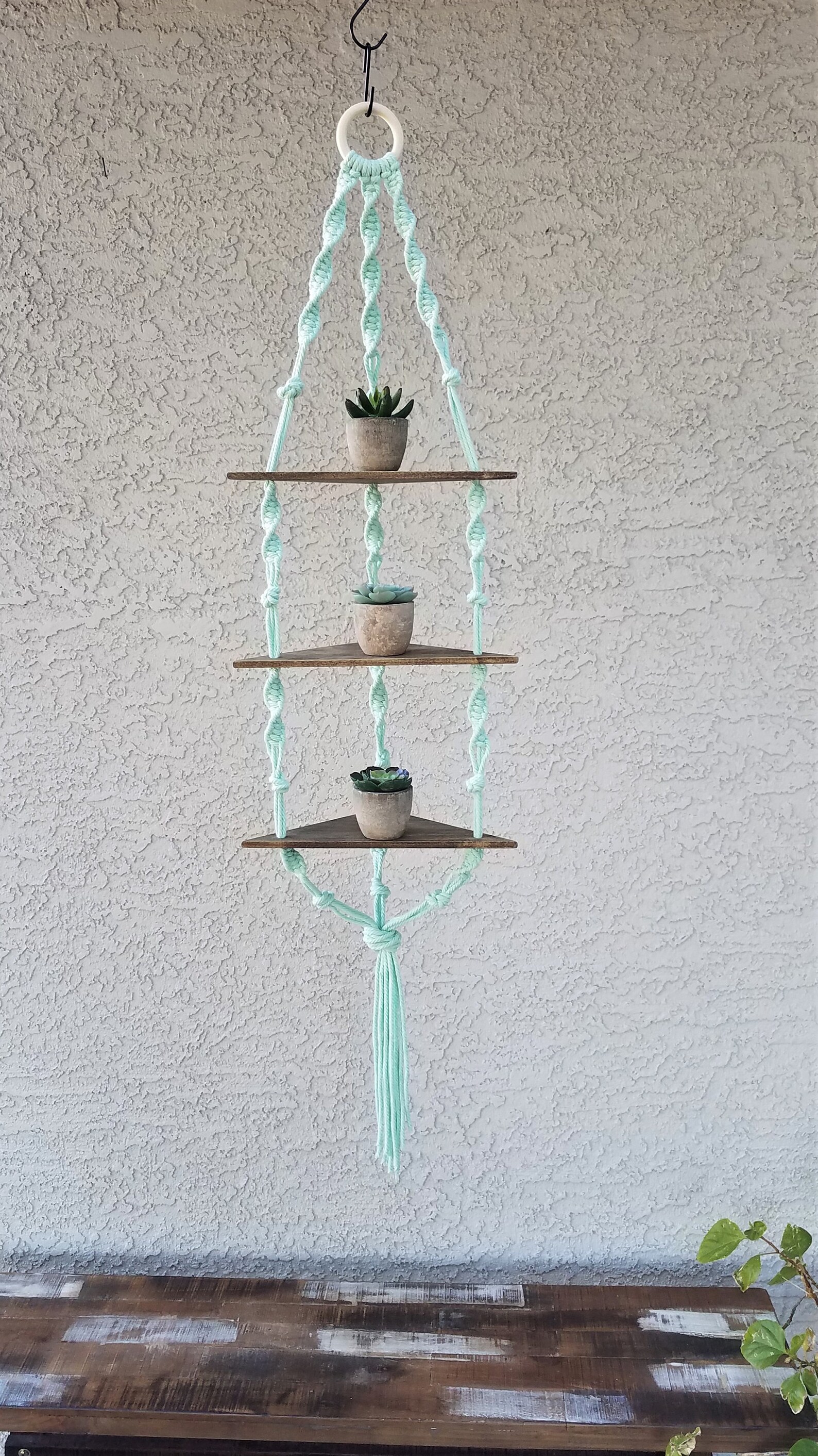 Hanging Macrame Corner Shelf Petite Macrame Wood Shelf 3 Etsy