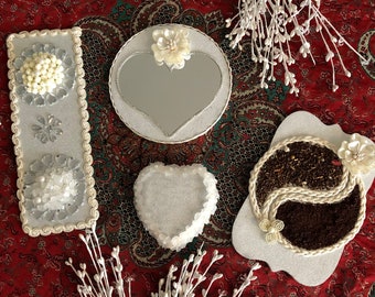 Sofreh Aghd set or haftseen -nogle o nabat, sumac & sepand, embellished heart mirror for rings, and asal stand minimalist - less is more