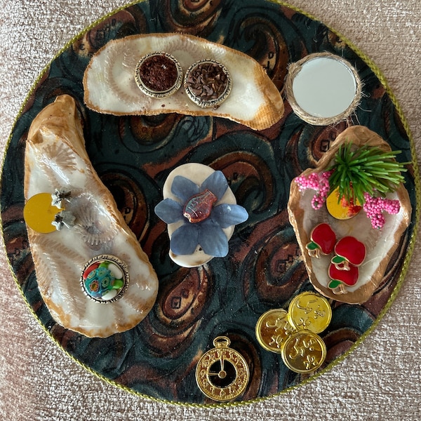 Haftseen set for the wall or tabletop - one of a kind -   6.5 inch wooden board - on rug or seashells haftsin, 7sin, modern, minimalist