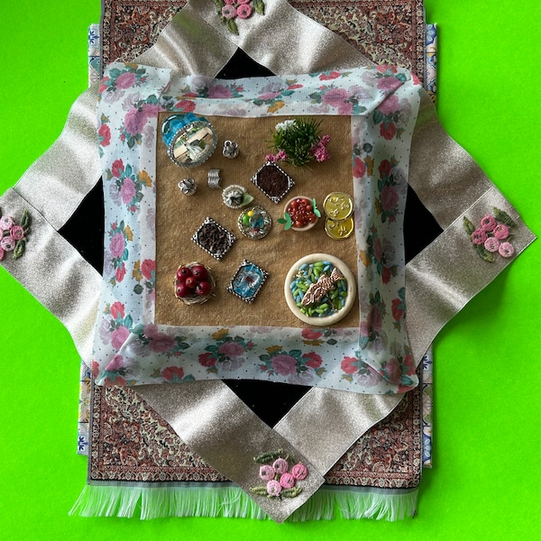 Haftseen set on Korsi for tabletop 9 x 11 inches- one of a kind design on canvas board. with sabzi polo and mahi colorful flower trim