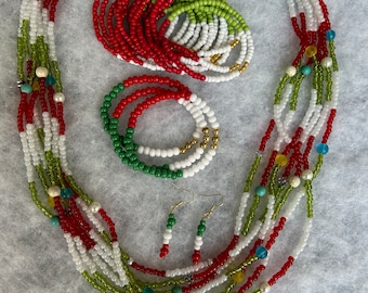 Zan zendegi azadi multi strand beaded necklaces set, 2 stretch bracelet set, and earrings -   Green, White, Red,  mahsa amini