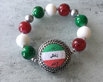 Zan zendegi azadi woman life freedom bracelet stretch 7 inches green white red beads mahsa amini