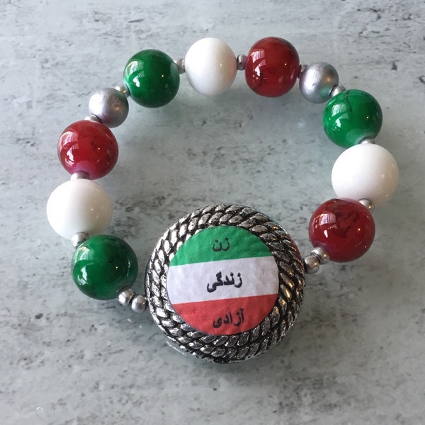 Zan zendegi azadi woman life freedom bracelet stretch 7 inches green white red beads mahsa amini