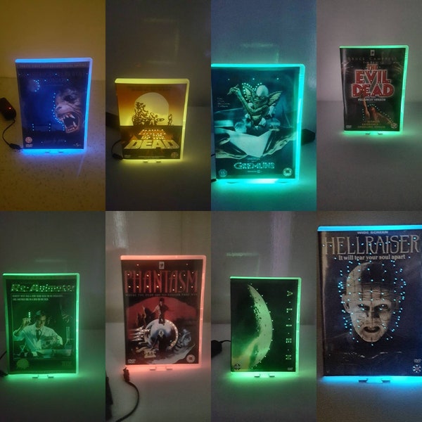Upcycled DVD Case-Horror Neon Dvds, Multicolour Neon Nachtlampje, Dvd, Tafellamp, Elke film op bestelling gemaakt